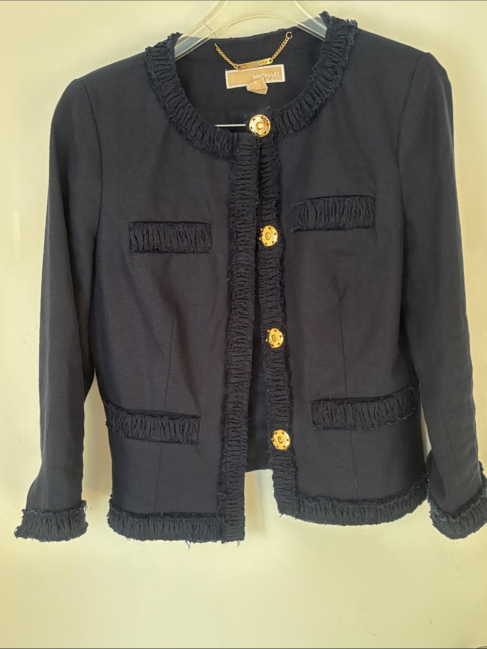 MICHAEL Michael Kors Navy Fringe-Trim Gold Button Jacket